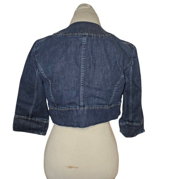 Y2K Womens Blue Jean‎ Cropped Bolero Jean Jacket Sz 8 Stretch Open Front Retro - Picture 2 of 9